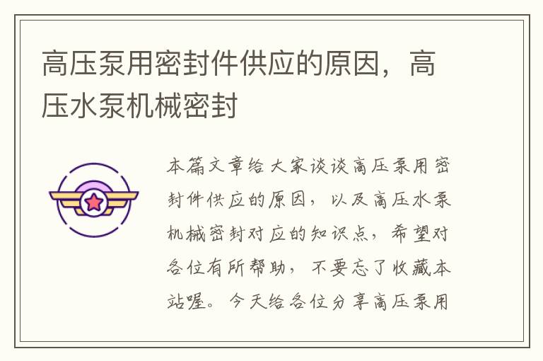 高压泵用密封件供应的原因，高压水泵机械密封